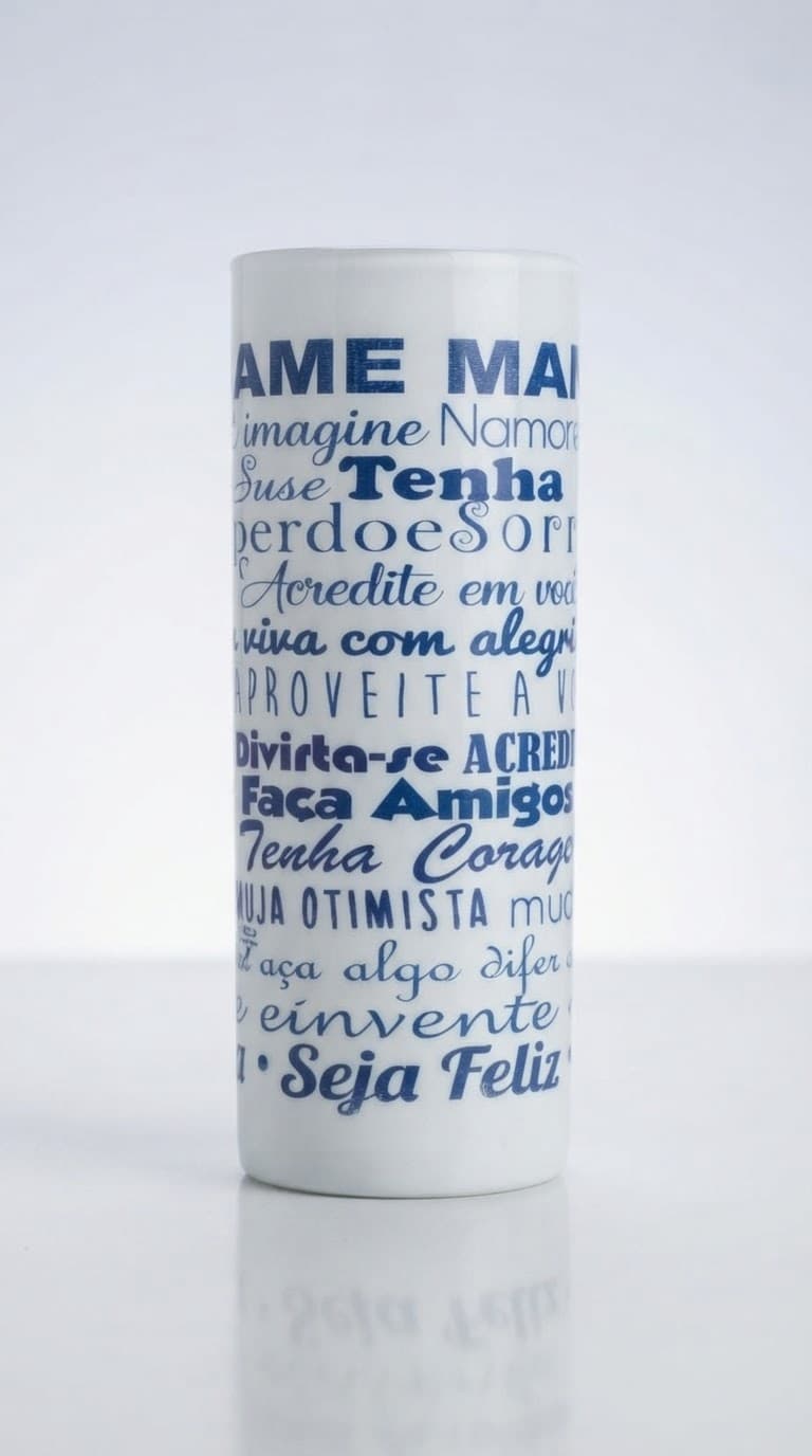 Copo long drink branco coberto de frases motivacionais em azul