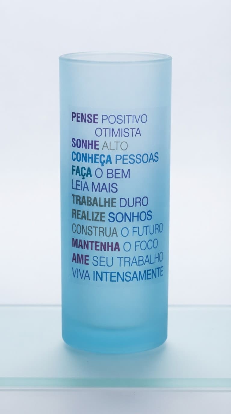 Copo long drink jateado azul com lista de frases coloridas começando em Pense positivo